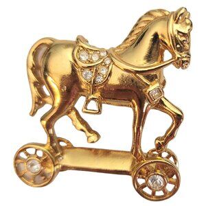 Avon Smithsonian Gold Tone Clear Rhinestone Troy Horse Articulated Brooch M54